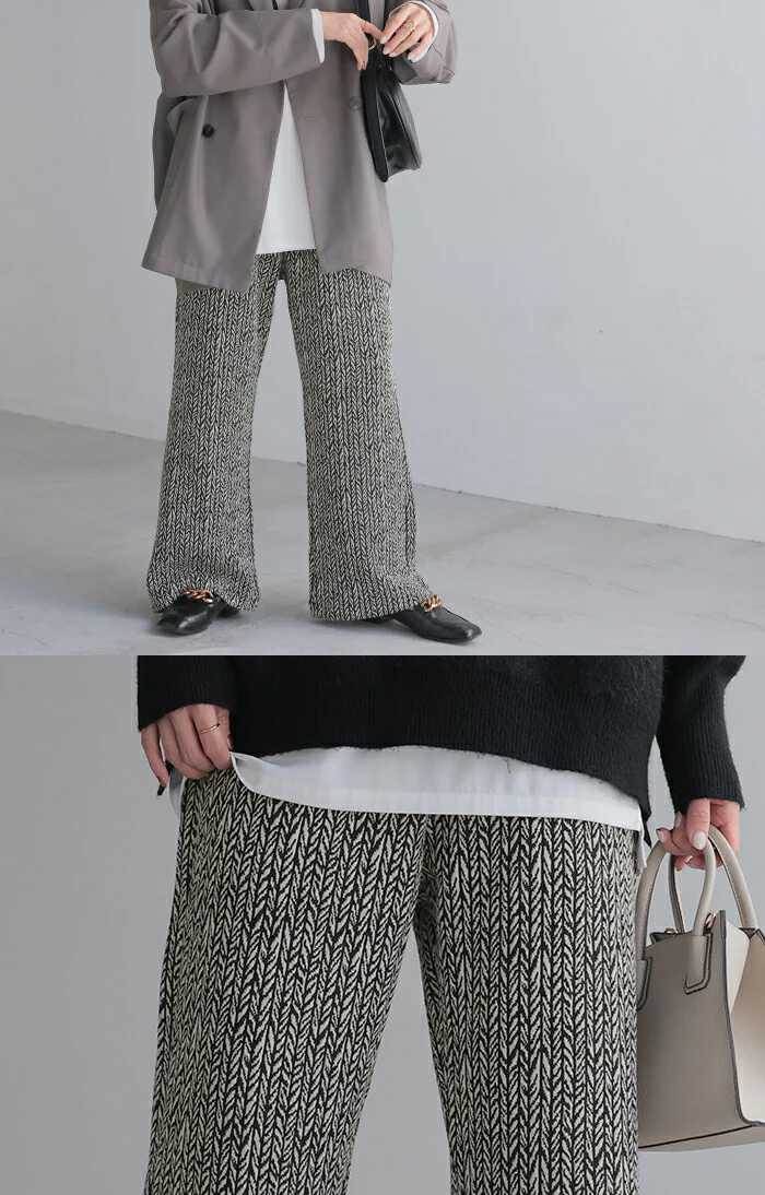 パンツ ジャガード ワイドパンツ レディース ヘリンボーン ワイド ロング 太い 柄 総柄 ボトムス ボトム ストレート ズボン トール ゆったり ストレッチ ハイウエスト ウエストゴム 美脚 体型カバー 大きいサイズ 白 黒 秋 冬 HUG.U - Image 13