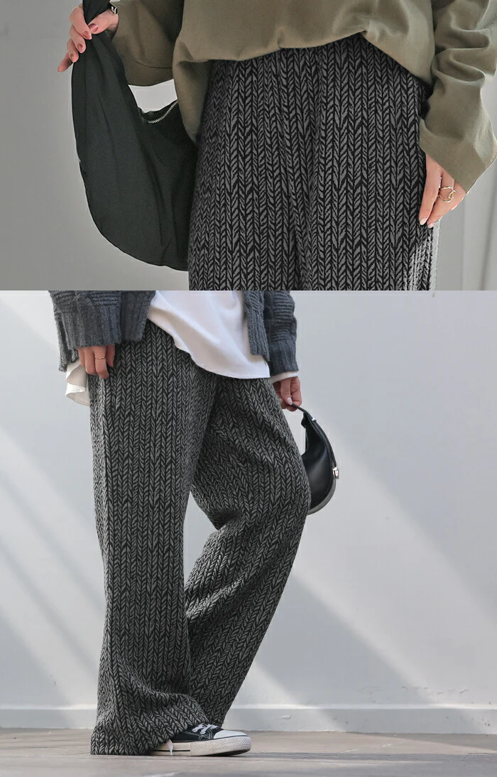 パンツ ジャガード ワイドパンツ レディース ヘリンボーン ワイド ロング 太い 柄 総柄 ボトムス ボトム ストレート ズボン トール ゆったり ストレッチ ハイウエスト ウエストゴム 美脚 体型カバー 大きいサイズ 白 黒 秋 冬 HUG.U - Image 19