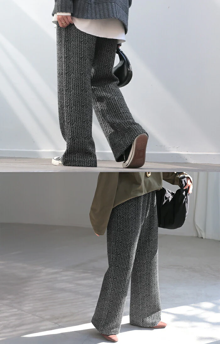 パンツ ジャガード ワイドパンツ レディース ヘリンボーン ワイド ロング 太い 柄 総柄 ボトムス ボトム ストレート ズボン トール ゆったり ストレッチ ハイウエスト ウエストゴム 美脚 体型カバー 大きいサイズ 白 黒 秋 冬 HUG.U - Image 21