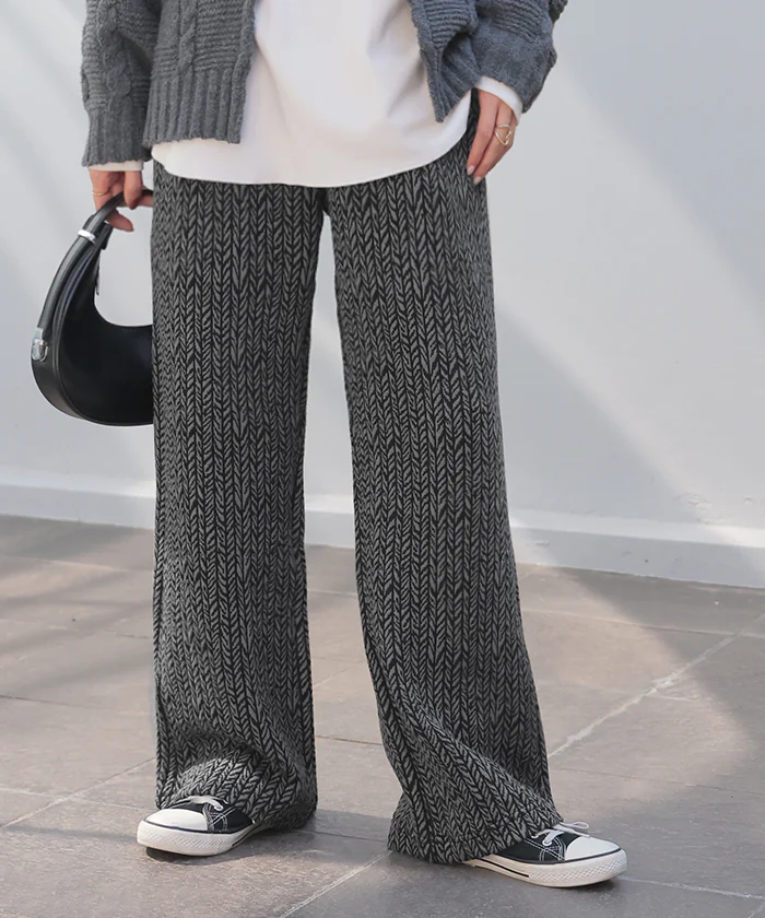 パンツ ジャガード ワイドパンツ レディース ヘリンボーン ワイド ロング 太い 柄 総柄 ボトムス ボトム ストレート ズボン トール ゆったり ストレッチ ハイウエスト ウエストゴム 美脚 体型カバー 大きいサイズ 白 黒 秋 冬 HUG.U - Image 29