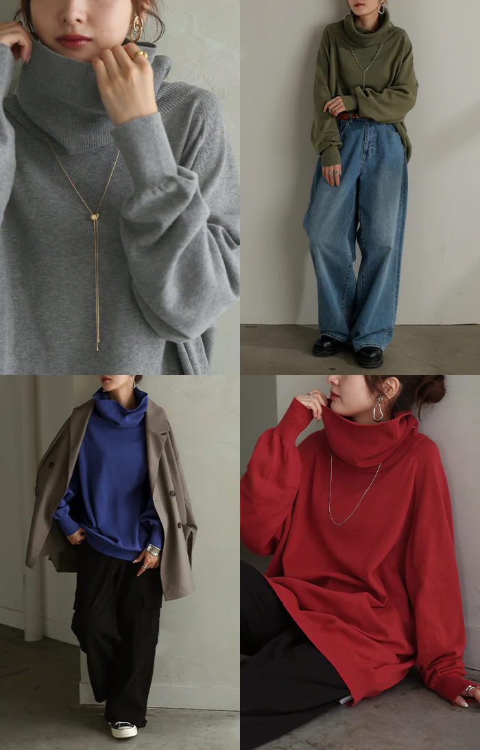 ニット ロング 綿100% レディース トップス セーター オーバー プルオーバー タートルネック ハイネック 長袖 長い ボリュームスリーブ リブ チュニック ゆったり 体型カバー 大きいサイズ お尻が隠れる カジュアル 黒 白 秋 冬 HUG.U - Image 23