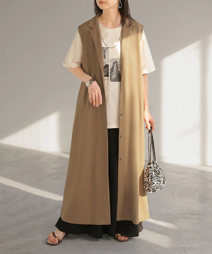 ベスト ジレ ロング 選べる2丈 レディース ■一部7月中旬入荷 アウター トップス ロングベスト ロングジレ ノースリーブ 羽織 レイヤード 体型カバー きれいめ オフィスカジュアル 前開き ゆったり お尻が隠れる 大きいサイズ 黒 ブラウン 秋 冬 HUG.U