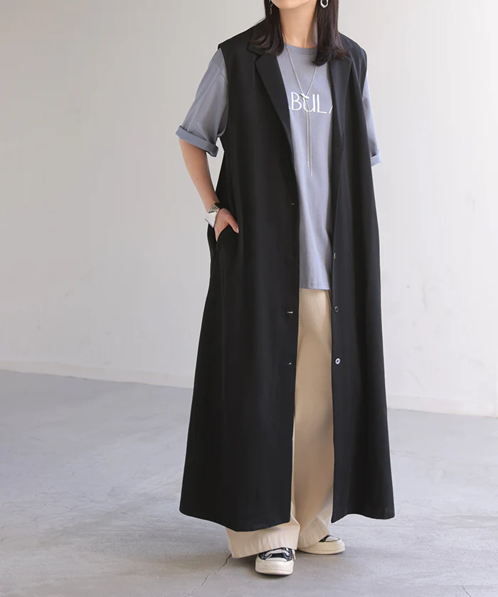 ベスト ジレ ロング 選べる2丈 レディース ■一部7月中旬入荷 アウター トップス ロングベスト ロングジレ ノースリーブ 羽織 レイヤード 体型カバー きれいめ オフィスカジュアル 前開き ゆったり お尻が隠れる 大きいサイズ 黒 ブラウン 秋 冬 HUG.U - Image 2