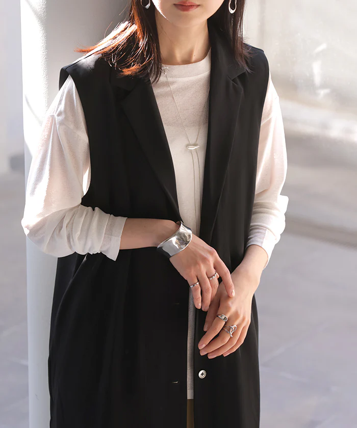 ベスト ジレ ロング 選べる2丈 レディース ■一部7月中旬入荷 アウター トップス ロングベスト ロングジレ ノースリーブ 羽織 レイヤード 体型カバー きれいめ オフィスカジュアル 前開き ゆったり お尻が隠れる 大きいサイズ 黒 ブラウン 秋 冬 HUG.U - Image 20