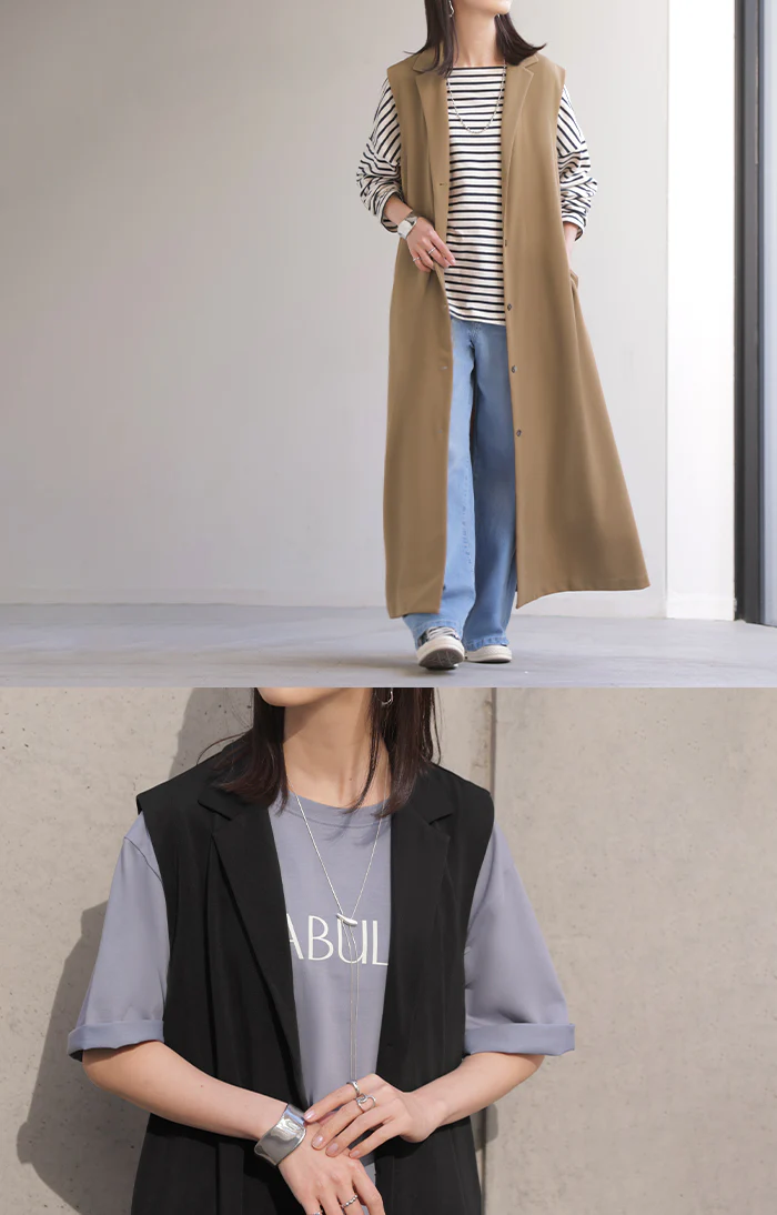 ベスト ジレ ロング 選べる2丈 レディース ■一部7月中旬入荷 アウター トップス ロングベスト ロングジレ ノースリーブ 羽織 レイヤード 体型カバー きれいめ オフィスカジュアル 前開き ゆったり お尻が隠れる 大きいサイズ 黒 ブラウン 秋 冬 HUG.U - Image 5