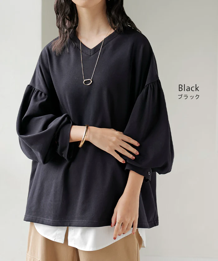 ロンT Vネック ぽわん袖 レディース トップス ロング Tシャツ カットソー ティーシャツ カフス 綿 長袖 長い トレーナー ボリュームスリーブ リブ ビッグ プラスサイズ ゆったり 体型カバー 大きいサイズ おしゃれ オフィスカジュアル 白 黒 秋 冬 HUG.U - Image 13