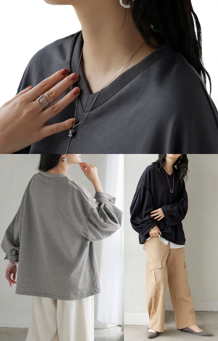 ロンT Vネック ぽわん袖 レディース トップス ロング Tシャツ カットソー ティーシャツ カフス 綿 長袖 長い トレーナー ボリュームスリーブ リブ ビッグ プラスサイズ ゆったり 体型カバー 大きいサイズ おしゃれ オフィスカジュアル 白 黒 秋 冬 HUG.U - Image 20