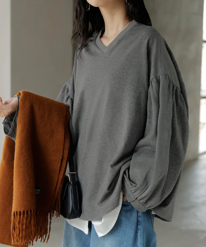 ロンT Vネック ぽわん袖 レディース トップス ロング Tシャツ カットソー ティーシャツ カフス 綿 長袖 長い トレーナー ボリュームスリーブ リブ ビッグ プラスサイズ ゆったり 体型カバー 大きいサイズ おしゃれ オフィスカジュアル 白 黒 秋 冬 HUG.U - Image 31