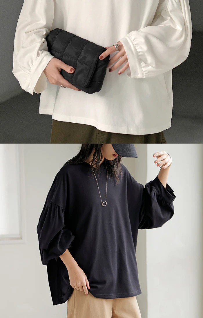 ロンT Vネック ぽわん袖 レディース トップス ロング Tシャツ カットソー ティーシャツ カフス 綿 長袖 長い トレーナー ボリュームスリーブ リブ ビッグ プラスサイズ ゆったり 体型カバー 大きいサイズ おしゃれ オフィスカジュアル 白 黒 秋 冬 HUG.U - Image 9