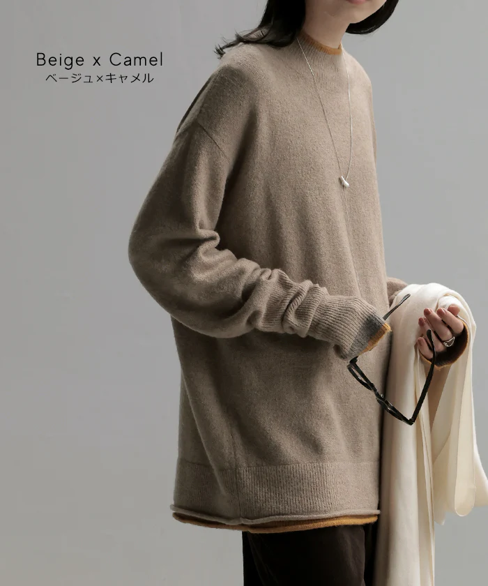 ニット 配色 トップス ロング レディース セーター オーバー プルオーバー タートルネック ハイネック 長袖 長い 指穴 リブ チュニック ゆったり インナー レイヤード ストレッチ 体型カバー 大きいサイズ お尻が隠れる カジュアル 黒 ベージュ 秋 冬 HUG.U - Image 16