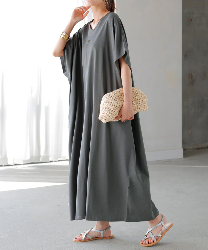 ワンピース ロング 半袖 汗ジミ防止 UVカット ワンピ ■一部7月中旬入荷 選べる ネック レディース 綿100％ ロングワンピース Aライン Uネック Vネック マキシ マキシワンピース ワンピ ロングワンピ 体型カバー 二の腕カバー 大きいサイズ 無地 黒 白 春 夏 HUG.U - Image 32