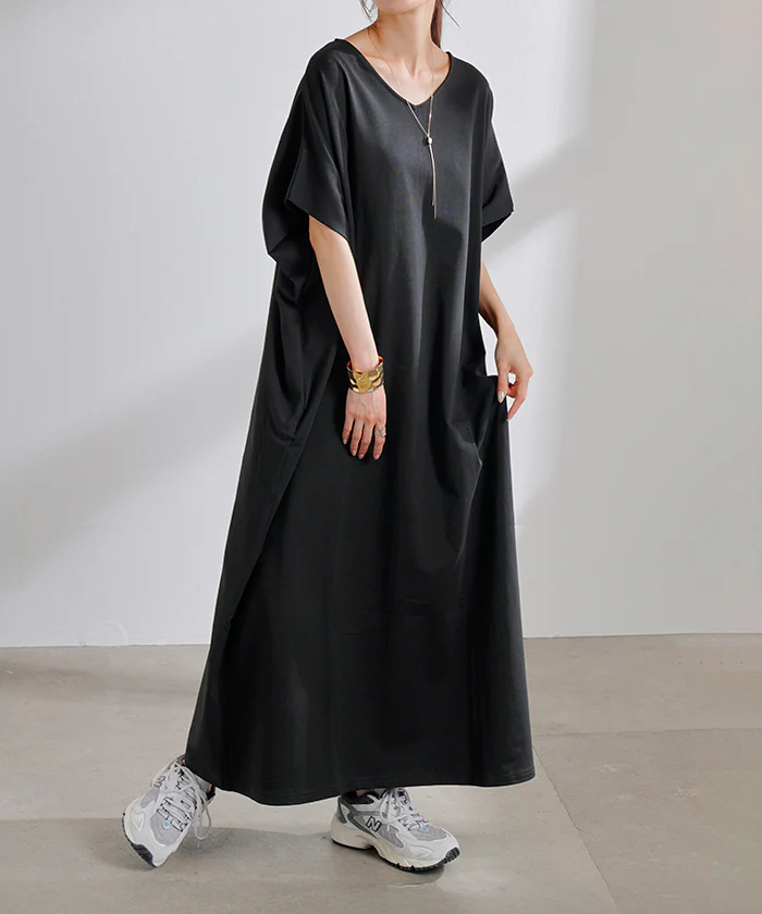 ワンピース ロング 半袖 汗ジミ防止 UVカット ワンピ ■一部7月中旬入荷 選べる ネック レディース 綿100％ ロングワンピース Aライン Uネック Vネック マキシ マキシワンピース ワンピ ロングワンピ 体型カバー 二の腕カバー 大きいサイズ 無地 黒 白 春 夏 HUG.U - Image 35