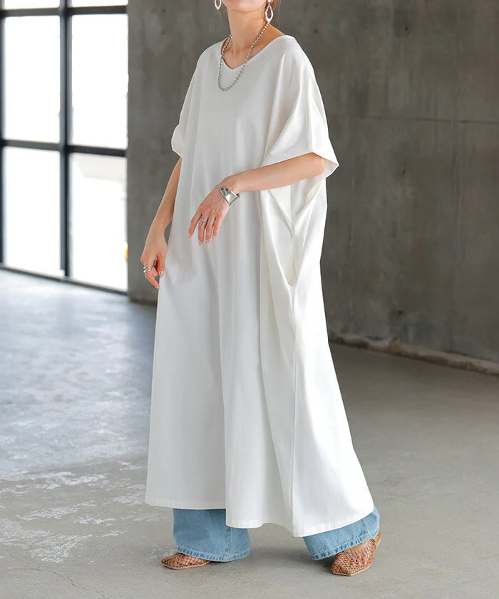 ワンピース ロング 半袖 汗ジミ防止 UVカット ワンピ ■一部7月中旬入荷 選べる ネック レディース 綿100％ ロングワンピース Aライン Uネック Vネック マキシ マキシワンピース ワンピ ロングワンピ 体型カバー 二の腕カバー 大きいサイズ 無地 黒 白 春 夏 HUG.U - Image 5