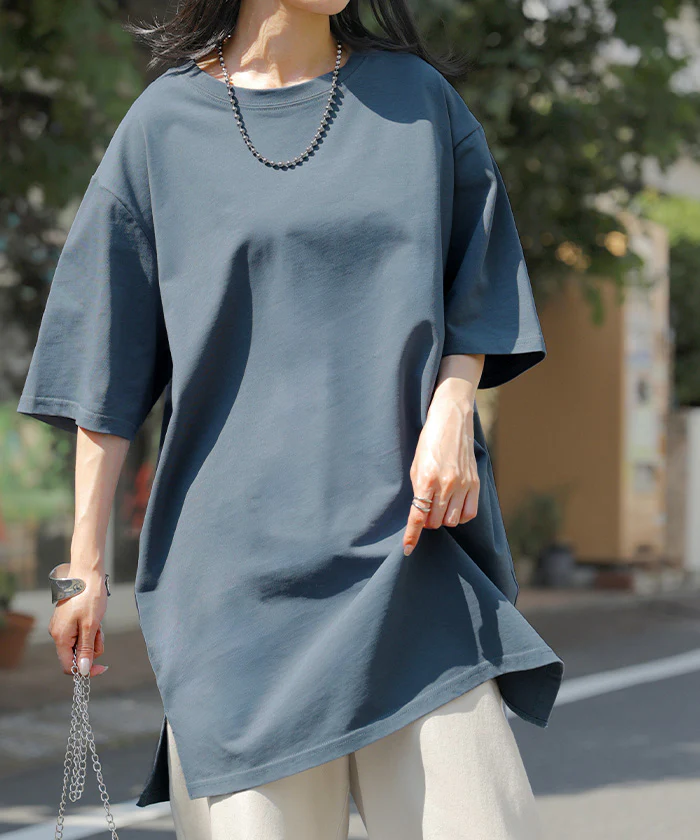 Tシャツ レディース 汗ジミ防止 UVカットトップス ■一部7月上旬入荷 半袖 綿100％ カットソー ロング ティーシャツ チュニック Vネック Uネック 長い ドルマン ドルマンスリーブ ゆったり 無地 体型カバー お尻が隠れる 大きいサイズ おしゃれ 白 黒 春 夏 HUG.U メール便 - Image 37