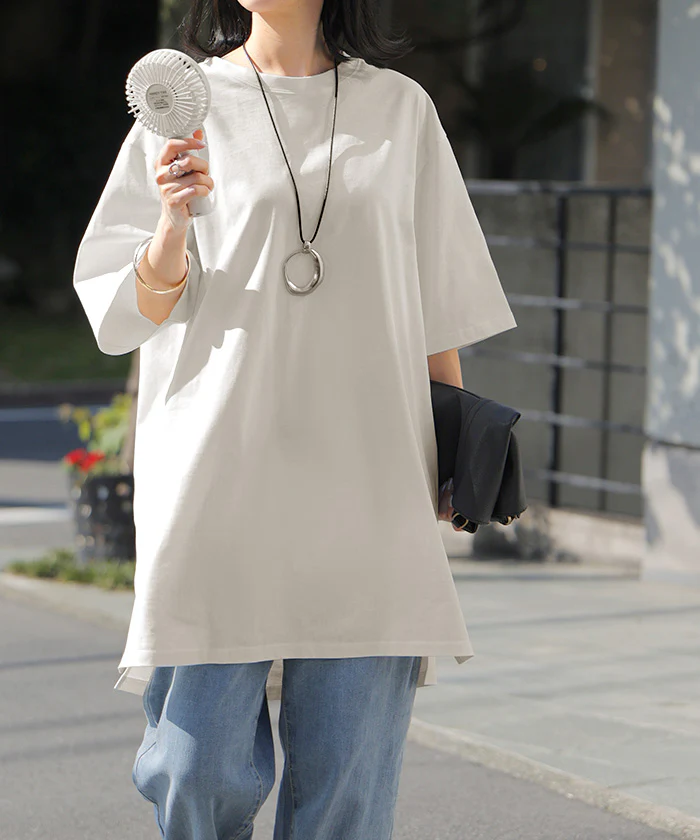 Tシャツ レディース 汗ジミ防止 UVカットトップス ■一部7月上旬入荷 半袖 綿100％ カットソー ロング ティーシャツ チュニック Vネック Uネック 長い ドルマン ドルマンスリーブ ゆったり 無地 体型カバー お尻が隠れる 大きいサイズ おしゃれ 白 黒 春 夏 HUG.U メール便 - Image 38