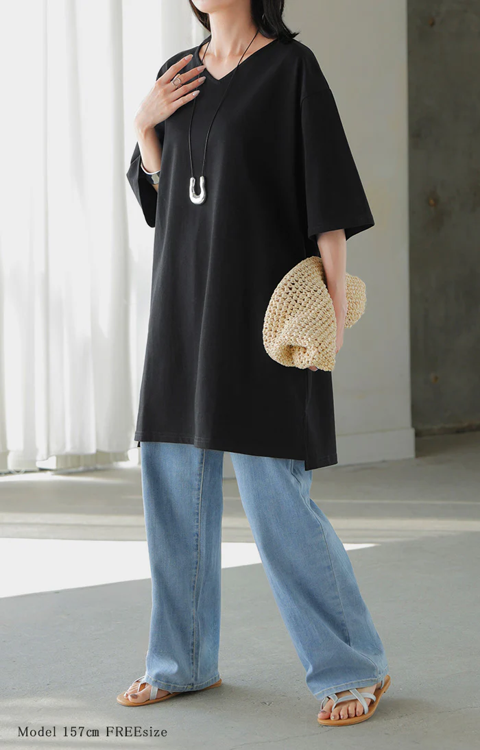 Tシャツ レディース 汗ジミ防止 UVカットトップス ■一部7月上旬入荷 半袖 綿100％ カットソー ロング ティーシャツ チュニック Vネック Uネック 長い ドルマン ドルマンスリーブ ゆったり 無地 体型カバー お尻が隠れる 大きいサイズ おしゃれ 白 黒 春 夏 HUG.U メール便 - Image 7