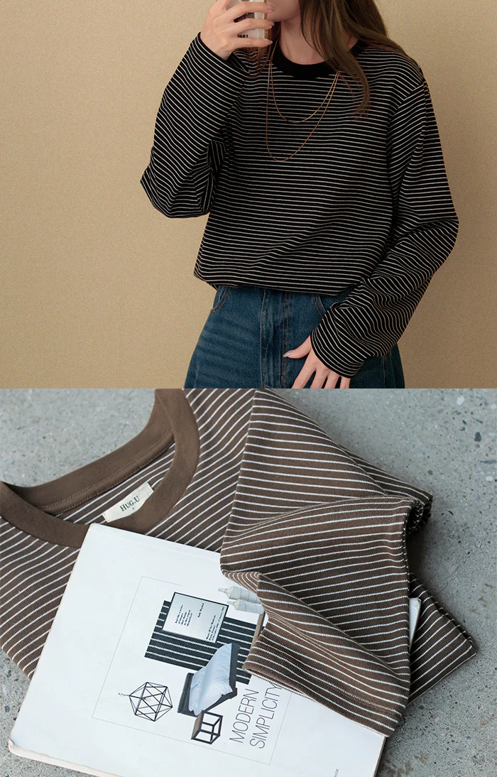 「重ね着しやすい。」コンパクトめ ロンT ボーダー レディース トップス 長袖 Tシャツ カットソー ボーダーT ロング ティーシャツ クルーネック Uネック 長い リブ 配色 おしゃれ ストレッチ 柔らか レイヤード 重ね着 白 黒 カジュアル 秋 冬 HUG.U - Image 21