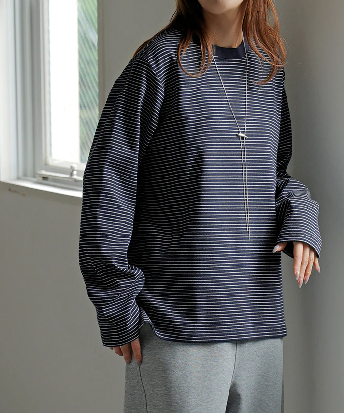 「重ね着しやすい。」コンパクトめ ロンT ボーダー レディース トップス 長袖 Tシャツ カットソー ボーダーT ロング ティーシャツ クルーネック Uネック 長い リブ 配色 おしゃれ ストレッチ 柔らか レイヤード 重ね着 白 黒 カジュアル 秋 冬 HUG.U - Image 29