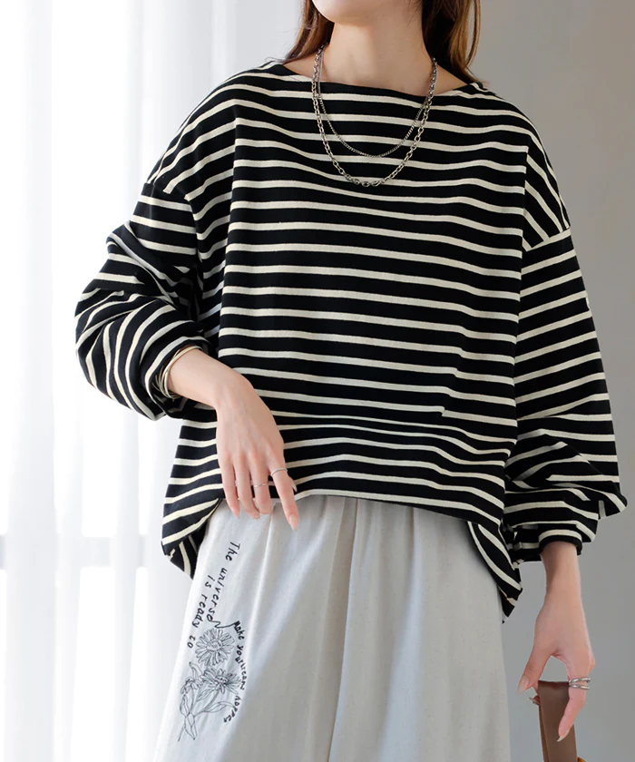 ロンT ボーダー 刺繍 レディース トップス 長袖 Tシャツ 綿100 カットソー ロング チュニック バスク ティーシャツ ビッグ プラスサイズ ボートネック クルーネック 長い ゆったり 無地 体型カバー お尻が隠れる 大きいサイズ おしゃれ 白 黒 秋 冬 HUG.U - Image 30