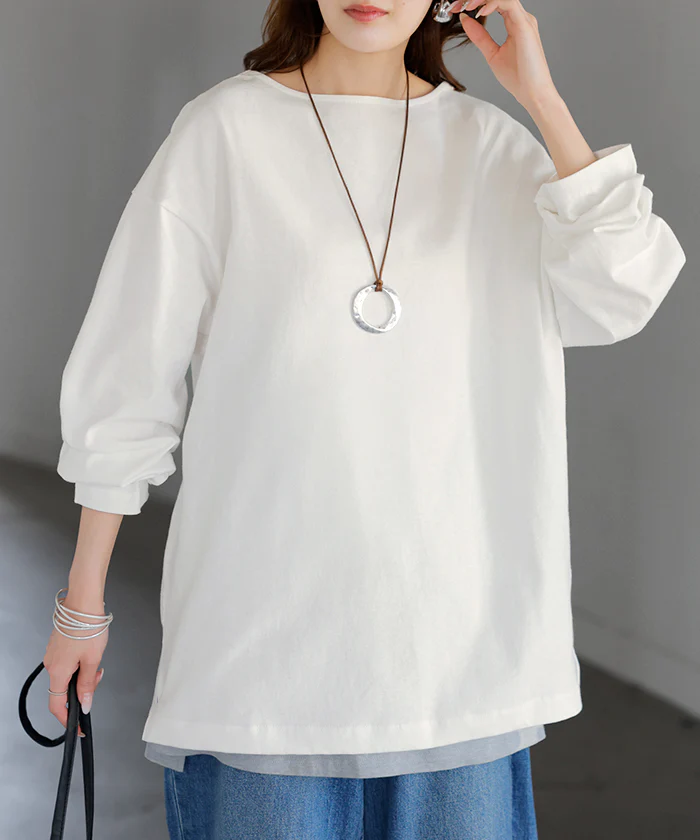 ロンT ボーダー 刺繍 レディース トップス 長袖 Tシャツ 綿100 カットソー ロング チュニック バスク ティーシャツ ビッグ プラスサイズ ボートネック クルーネック 長い ゆったり 無地 体型カバー お尻が隠れる 大きいサイズ おしゃれ 白 黒 秋 冬 HUG.U - Image 32
