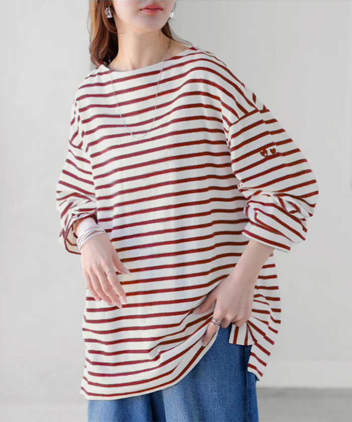 ロンT ボーダー 刺繍 レディース トップス 長袖 Tシャツ 綿100 カットソー ロング チュニック バスク ティーシャツ ビッグ プラスサイズ ボートネック クルーネック 長い ゆったり 無地 体型カバー お尻が隠れる 大きいサイズ おしゃれ 白 黒 秋 冬 HUG.U - Image 34