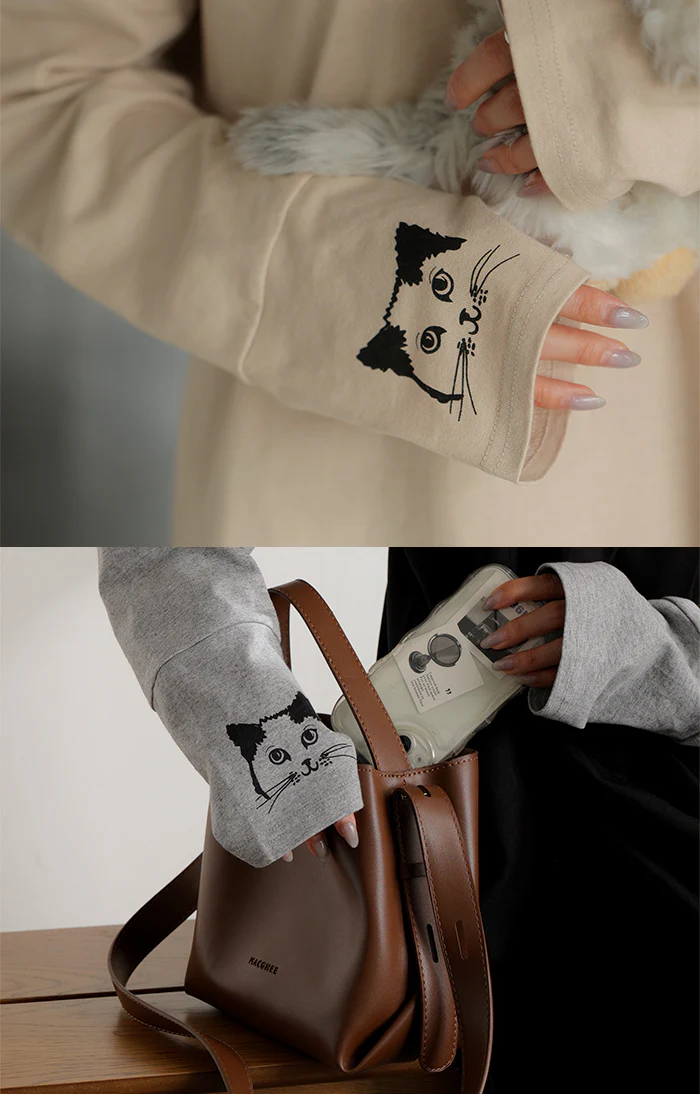 “チラッと猫が覗く” ロンT 袖 猫 プリント トップス 長袖 Tシャツ レディース カットソー ロング ティーシャツ 綿100％ クルーネック 長い インナー レイヤード 指穴 ゆったり 体型カバー 大きいサイズ 猫柄 猫プリント 猫グッズ 白 黒 秋 冬 HUG.U メール便 - Image 16