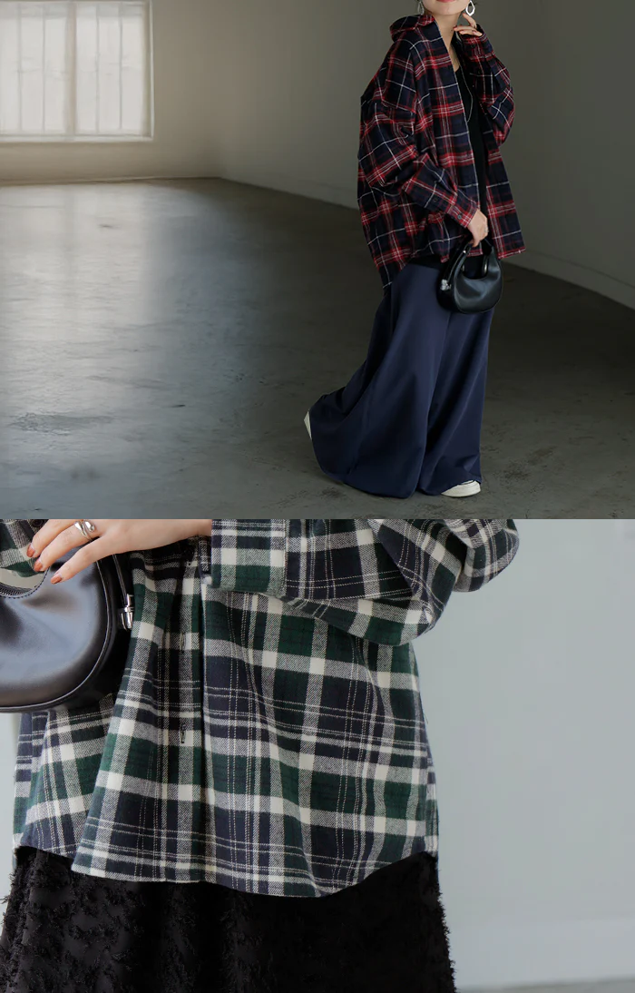 シャツ 綿100％ ネルシャツ チェック レディース ブラウス トップス ロング ロングシャツ チュニック 長袖 総柄 羽織 ライトアウター レイヤード きれいめ ゆったり 大きいサイズ 体型カバー お尻が隠れる コットン カジュアル グレー ブラウン 秋 冬 HUG.U - Image 17