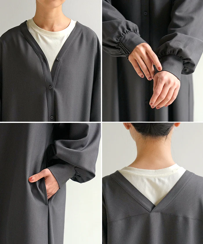 ワンピース ロング 洗える シャツ イージーケア レディース ワンピ シャツワンピ ロングワンピース Aライン ロングシャツ ロングワンピ Vネック ボリュームスリーブ ボタン 長袖 羽織 きれいめ 体型カバー 大きいサイズ 無地 黒 グレー 秋 冬 HUG.U - Image 23