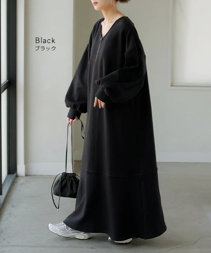 ワンピース " 特暖 " 裏シャギー スウェット ロング 裏起毛 長袖 ワンピ レディース ロングワンピース Aライン Vネック ボリュームスリーブ マキシ マキシワンピース ロングワンピ 体型カバー ゆったり 大きいサイズ 暖かい 無地 黒 グレー 秋 冬 HUG.U - Image 14