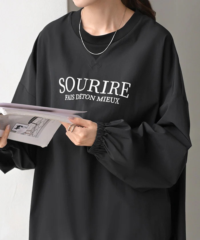 プルオーバー ナイロン ロゴ レディース ■一部7月中旬入荷 トップス 長袖 プリント 軽量 ナイロンプルオーバー カットソー ロング チュニック ビッグ ボリュームスリーブ ストレッチ ゆったり 体型カバー 大きいサイズ おしゃれ カジュアル 黒 カーキ 秋 冬 HUG.U メール便 - Image 14