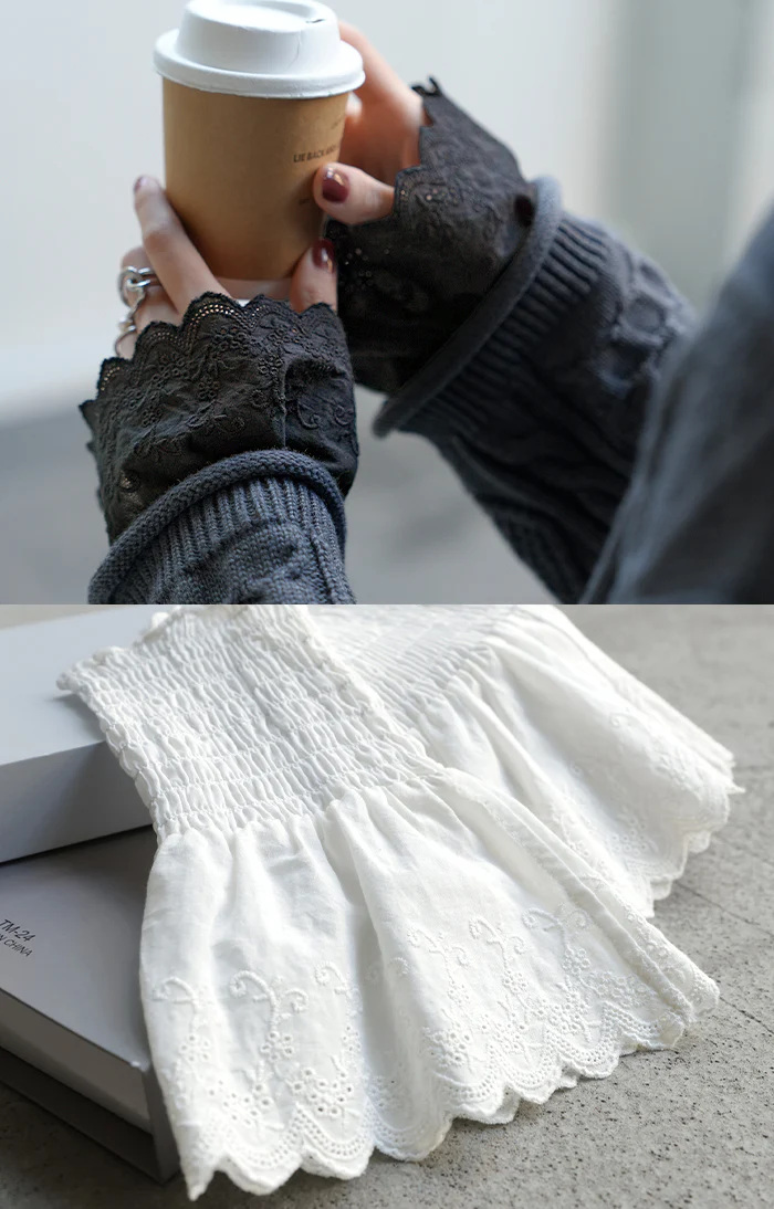 つけ袖 レース 綿100 レディース フリル 刺繍 レイヤード ブラウス 重ね 付け袖 肌隠し シャーリングゴム 軽量 ストレッチ フレア袖 ベル袖 刺繍レース コットン スカラップレース レイヤードトップス インナー 小物 シンプル 重ね着風 黒 白 HUG.U メール便 - Image 17