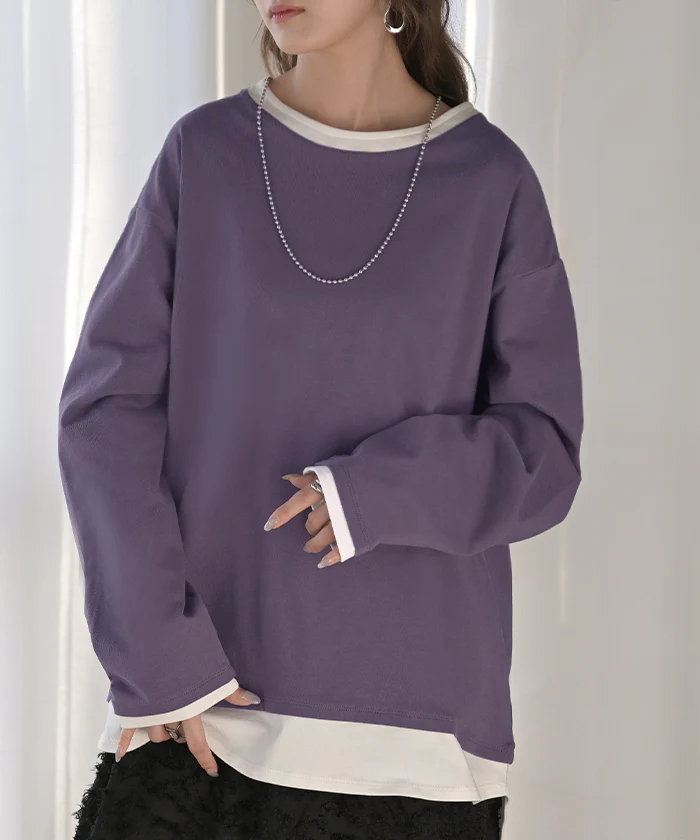 ロンT レイヤード 風 綿100 レディース Tシャツ トップス 長袖 カットソー ロング ティーシャツ チュニック ビッグ クルーネック 長い ドルマン ドルマンスリーブ ゆったり 無地 体型カバー お尻が隠れる 大きいサイズ おしゃれ 黒 グレー 秋 冬 HUG.U メール便 - Image 32