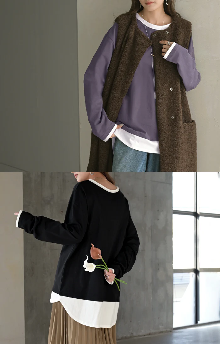 ロンT レイヤード 風 綿100 レディース Tシャツ トップス 長袖 カットソー ロング ティーシャツ チュニック ビッグ クルーネック 長い ドルマン ドルマンスリーブ ゆったり 無地 体型カバー お尻が隠れる 大きいサイズ おしゃれ 黒 グレー 秋 冬 HUG.U メール便 - Image 8