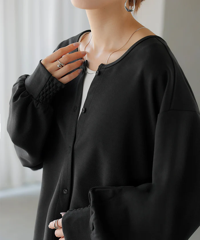 ブラウス ノーカラー トップス レディース ロング バンドカラー シャツ クルーネック チュニック 長袖 無地 ボリュームスリーブ ストレッチ シワになりにくい きれいめ ゆったり オフィスカジュアル 大きいサイズ 体型カバー お尻が隠れる 黒 白 秋 冬 HUG.U - Image 18