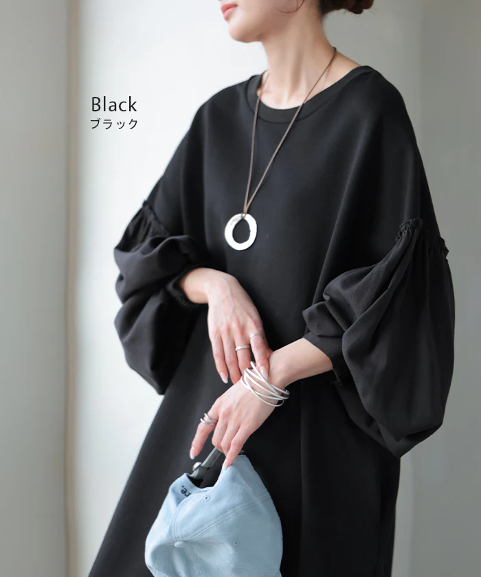 ワンピース 異素材 ロング ワンピ レディース ■一部7月中旬入荷 ロングワンピース ポンチ Aライン マキシ マキシワンピース ロングワンピ ぽわん袖 長袖 クルーネック 体型カバー 二の腕カバー 大きいサイズ オーバーサイズ ストレッチ 無地 きれいめ 黒 茶色 秋 冬 HUG.U - Image 11