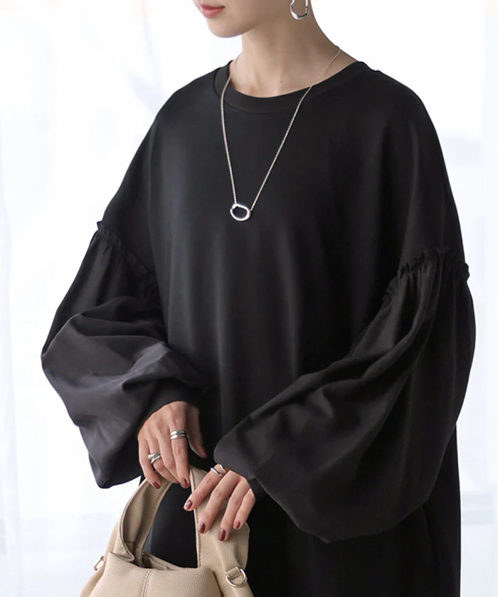 ワンピース 異素材 ロング ワンピ レディース ■一部7月中旬入荷 ロングワンピース ポンチ Aライン マキシ マキシワンピース ロングワンピ ぽわん袖 長袖 クルーネック 体型カバー 二の腕カバー 大きいサイズ オーバーサイズ ストレッチ 無地 きれいめ 黒 茶色 秋 冬 HUG.U - Image 19