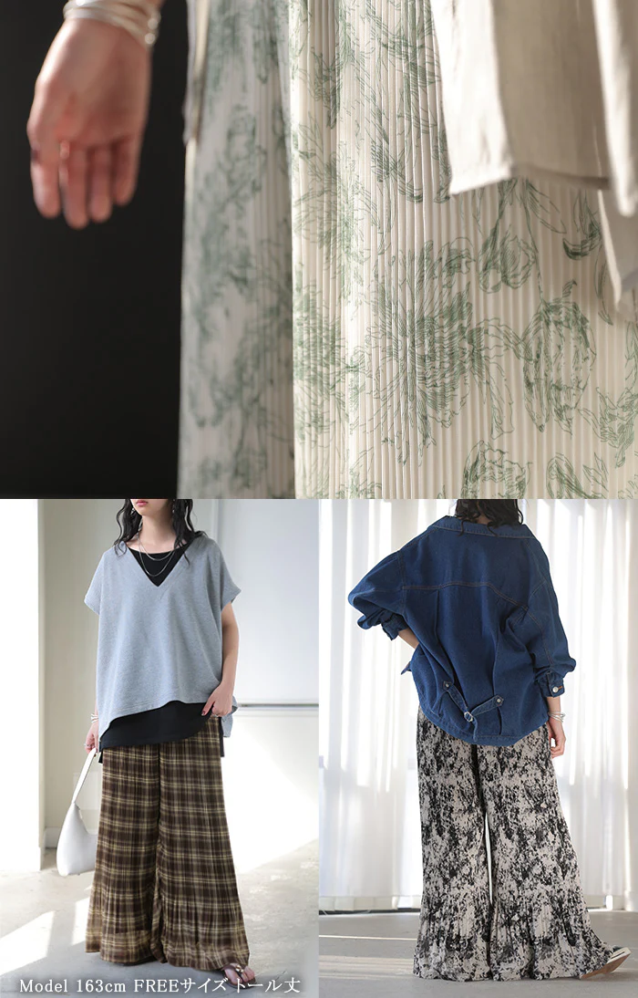 パンツ フレア シフォン プリーツ ■一部7月中旬入荷 ワイド レディース ワイドパンツ ロング ロングパンツ シフォンパンツ チェック 花 柄 シワになりにくい 裏起毛 体型カバー ボトムス ボトム ストレート ゆったり ハイウエスト ストレッチ 美脚 黒 ネイビー 春 夏 HUG.U - Image 15