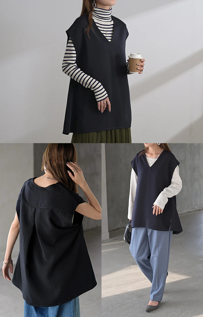 ベスト ジレ ロングベスト レディース チュニック トップス ノーカラ― Vネック ロング ロングジレ ノースリーブ 羽織 レイヤード 体型カバー きれいめ おしゃれ フォーマル フレア タック ゆったり お尻が隠れる 大きいサイズ 黒 ネイビー 秋 冬 HUG.U メール便 - Image 21