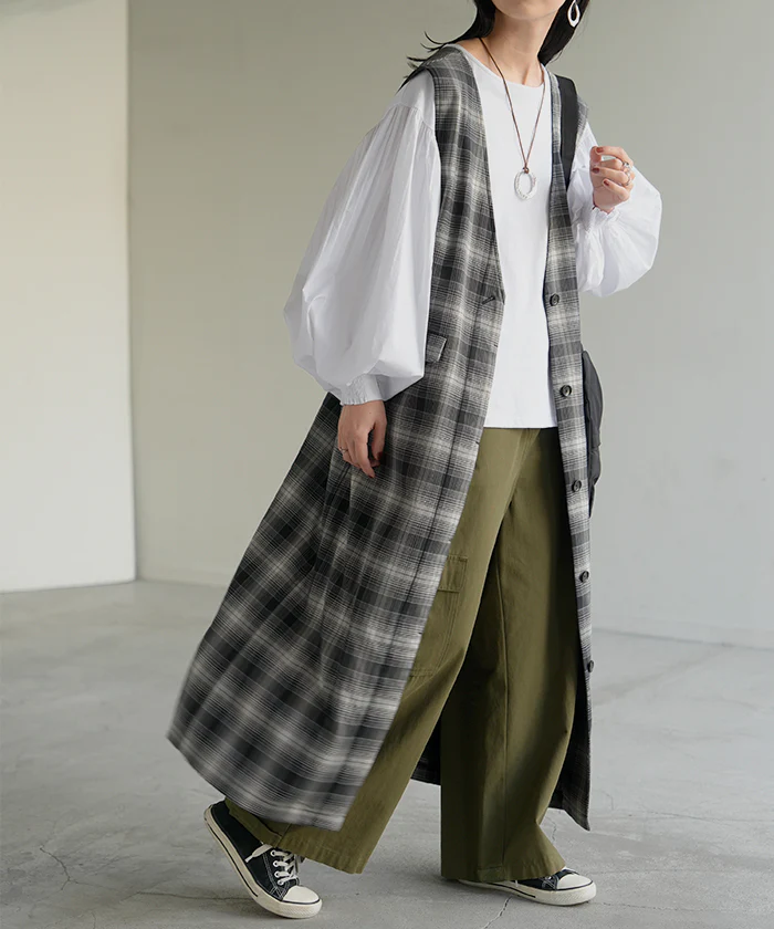 ワンピース ジレ ジャンパースカート 2way チェック ウォッシャブル サロペット レディース ロング ロングワンピース シワになりにくい 微 起毛 レイヤード 重ね着 ゆったり きれいめ オーバーサイズ 大きいサイズ 体型カバー 黒 ブラウン 秋 冬 HUG.U - Image 11