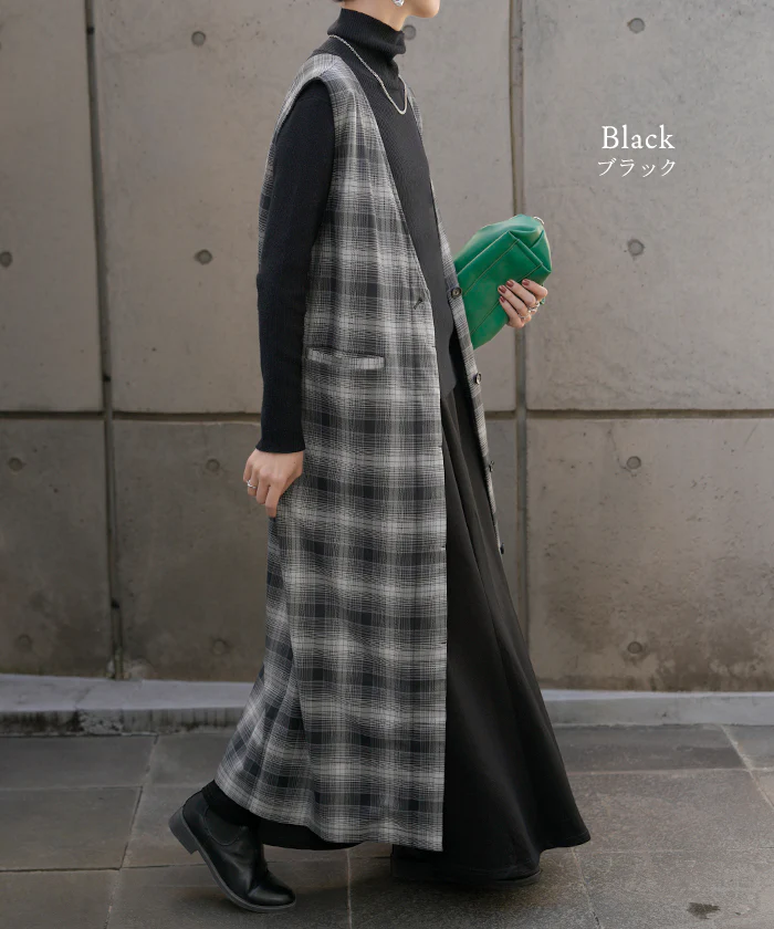 ワンピース ジレ ジャンパースカート 2way チェック ウォッシャブル サロペット レディース ロング ロングワンピース シワになりにくい 微 起毛 レイヤード 重ね着 ゆったり きれいめ オーバーサイズ 大きいサイズ 体型カバー 黒 ブラウン 秋 冬 HUG.U - Image 14