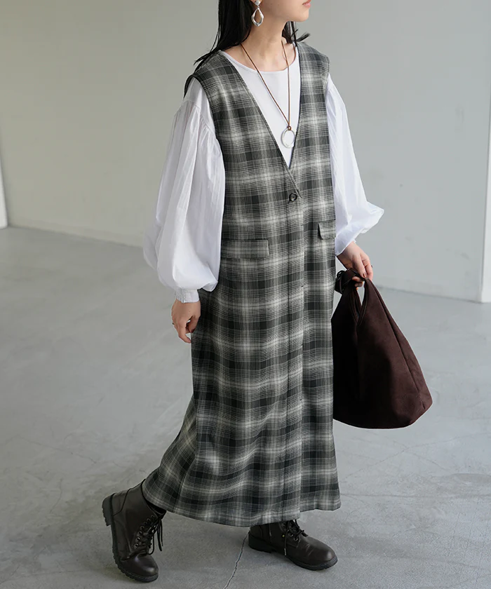 ワンピース ジレ ジャンパースカート 2way チェック ウォッシャブル サロペット レディース ロング ロングワンピース シワになりにくい 微 起毛 レイヤード 重ね着 ゆったり きれいめ オーバーサイズ 大きいサイズ 体型カバー 黒 ブラウン 秋 冬 HUG.U - Image 26