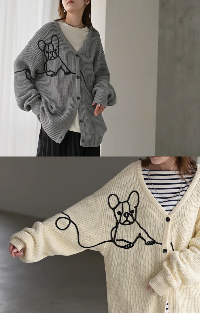 カーディガン 刺繍 フレンチブルドッグ 綿100 ニット ロング レディース カーデ トップス ニットカーディガン ボリュームスリーブ Vネック チュニック ゆったり 体型カバー 大きいサイズ お尻が隠れる 犬 愛犬 犬グッズ カジュアル 黒 グレー 秋 冬 HUG.U - Image 17