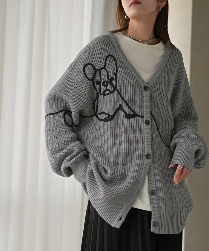 カーディガン 刺繍 フレンチブルドッグ 綿100 ニット ロング レディース カーデ トップス ニットカーディガン ボリュームスリーブ Vネック チュニック ゆったり 体型カバー 大きいサイズ お尻が隠れる 犬 愛犬 犬グッズ カジュアル 黒 グレー 秋 冬 HUG.U - Image 27