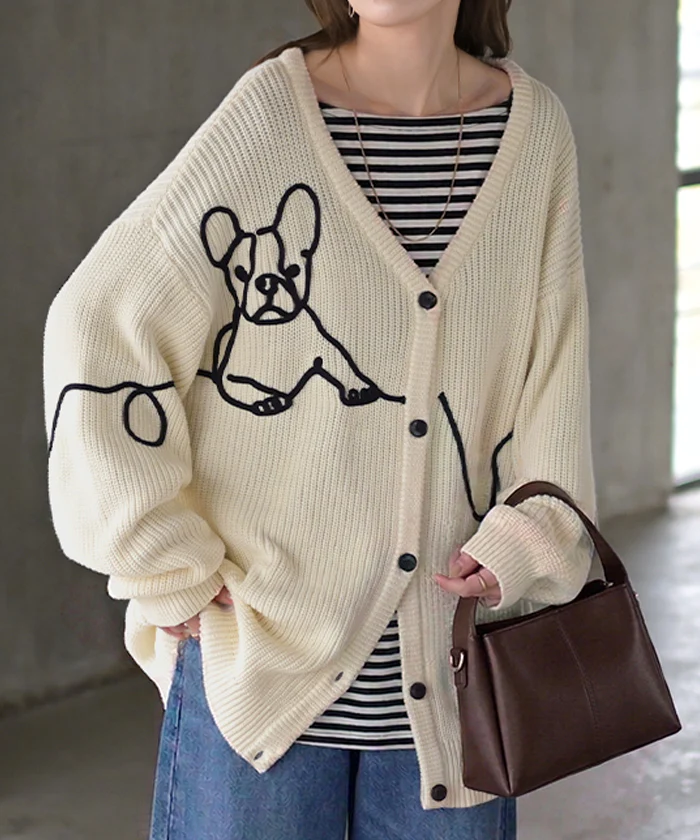 カーディガン 刺繍 フレンチブルドッグ 綿100 ニット ロング レディース カーデ トップス ニットカーディガン ボリュームスリーブ Vネック チュニック ゆったり 体型カバー 大きいサイズ お尻が隠れる 犬 愛犬 犬グッズ カジュアル 黒 グレー 秋 冬 HUG.U - Image 28