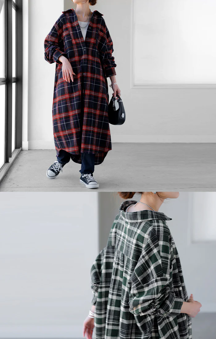 ワンピース シャツ チェック ■一部7月中旬入荷 ネルシャル シャツワンピース 綿100 チェックシャツ シャツワンピ レディース ロング ロングワンピース Aライン マキシ ワンピ ロングシャツ ロングワンピ 長袖 羽織 体型カバー 大きいサイズ レッド グレー 秋 冬 HUG.U - Image 18