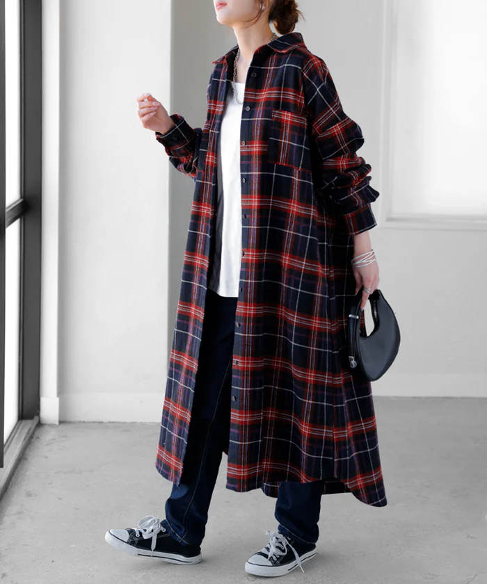 ワンピース シャツ チェック ■一部7月中旬入荷 ネルシャル シャツワンピース 綿100 チェックシャツ シャツワンピ レディース ロング ロングワンピース Aライン マキシ ワンピ ロングシャツ ロングワンピ 長袖 羽織 体型カバー 大きいサイズ レッド グレー 秋 冬 HUG.U - Image 29