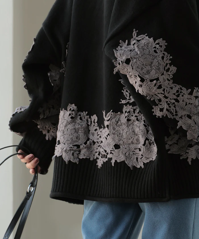 ニット カーディガン 刺繍 レース ロング レディース カーデ トップス セーター オーバー プルオーバー ニットカーディガン 長袖 長い タートルネック ハイネック リブ チュニック ゆったり 体型カバー 大きいサイズ お尻が隠れる 黒 グレー 秋 冬 HUG.U - Image 19