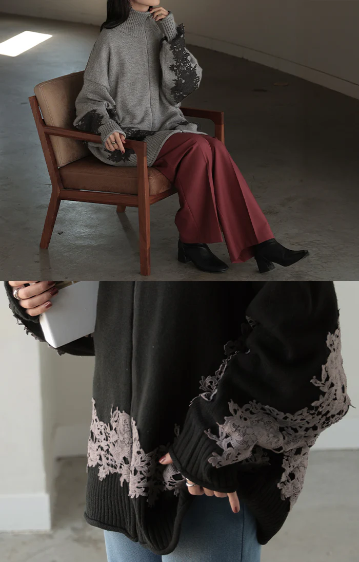 ニット カーディガン 刺繍 レース ロング レディース カーデ トップス セーター オーバー プルオーバー ニットカーディガン 長袖 長い タートルネック ハイネック リブ チュニック ゆったり 体型カバー 大きいサイズ お尻が隠れる 黒 グレー 秋 冬 HUG.U - Image 21