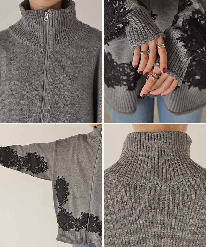 ニット カーディガン 刺繍 レース ロング レディース カーデ トップス セーター オーバー プルオーバー ニットカーディガン 長袖 長い タートルネック ハイネック リブ チュニック ゆったり 体型カバー 大きいサイズ お尻が隠れる 黒 グレー 秋 冬 HUG.U - Image 22