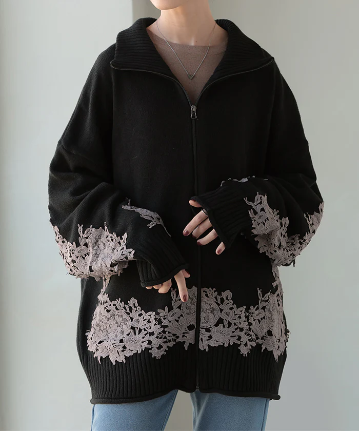 ニット カーディガン 刺繍 レース ロング レディース カーデ トップス セーター オーバー プルオーバー ニットカーディガン 長袖 長い タートルネック ハイネック リブ チュニック ゆったり 体型カバー 大きいサイズ お尻が隠れる 黒 グレー 秋 冬 HUG.U - Image 26